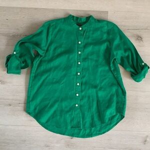 Ann Taylor Emerald Green linen size S Button Down‎ Shirt summer beach travel